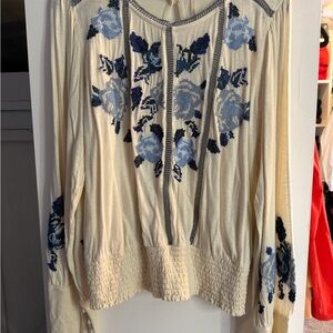 Free People Cream Blouse with Blue Floral Embroidery